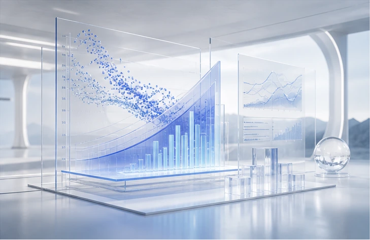 Abstract glass pricing intelligence dashboard with market curves and analytics